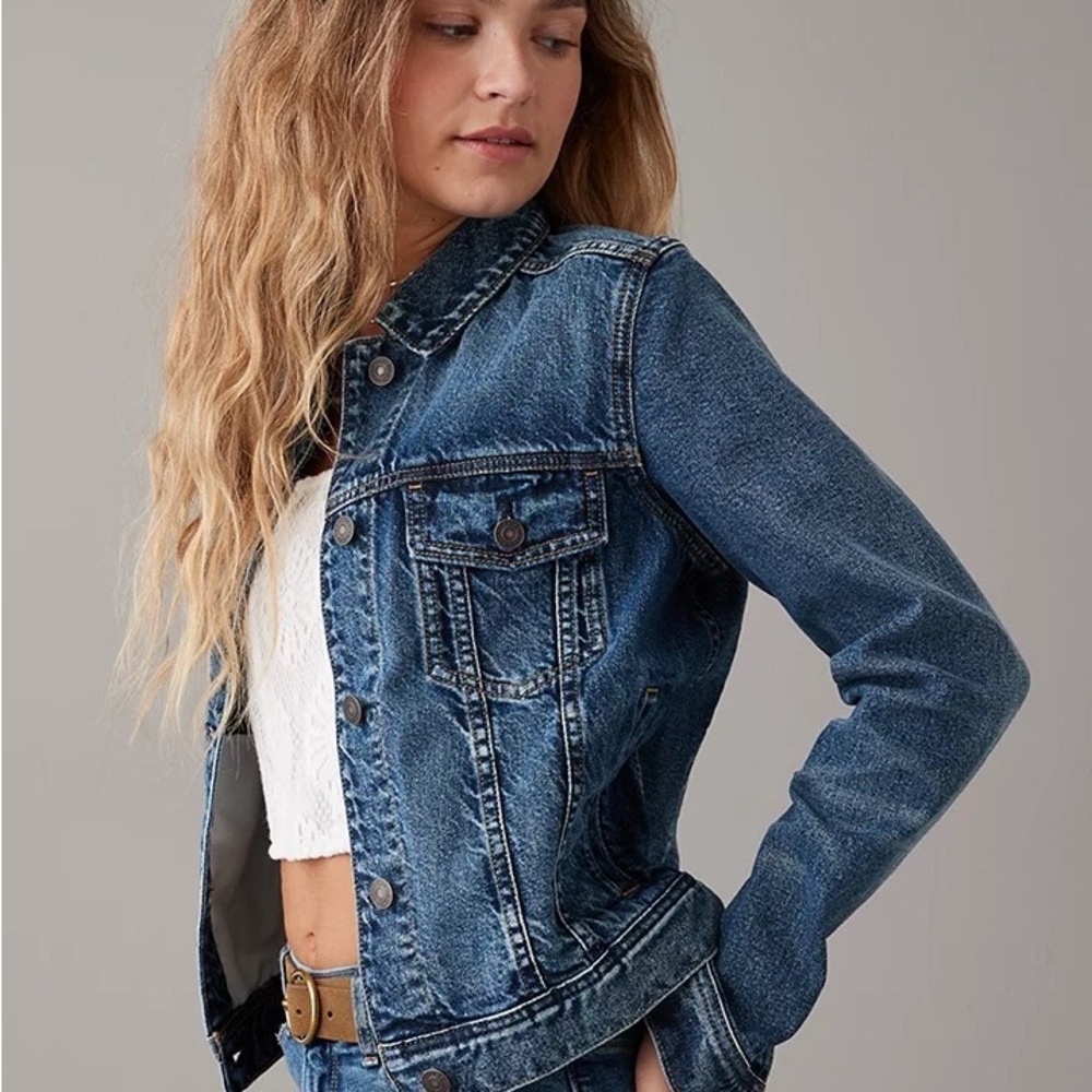 American Eagle “medium wash” slightly distressed jean jacket, size small